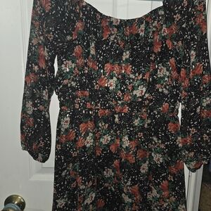 Three PINK Hearts,  Black and Red Floral Long Sleeve Dress